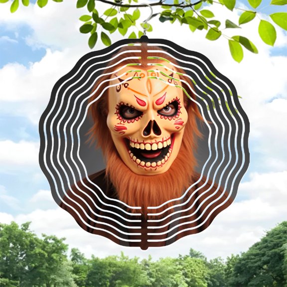 Colorful Skull Mask Metal Hanging Wind Spinners - Intricate Designs & Concentric Patterns for Festive Yard & Garden Decor