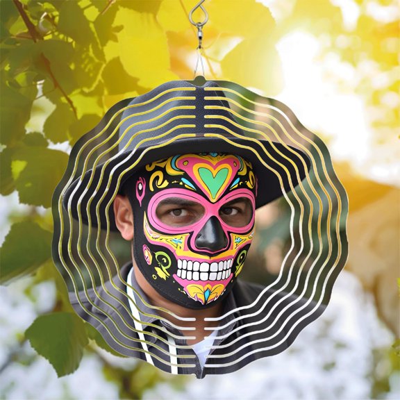 Colorful Skull Mask Metal Hanging Wind Spinners - Intricate Designs with Green Heart & Yellow Swirls for Yard & Garden Decor