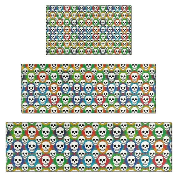 Colorful Skull Pattern Kitchen Rugs Sets Of 3,Kitchen Runner Rugs Non Skid Washable,Decorative Kitchen Floor Mats for Kitchen,Sink,Laundry,17"x30"+ 17"x47" + 17"x59"