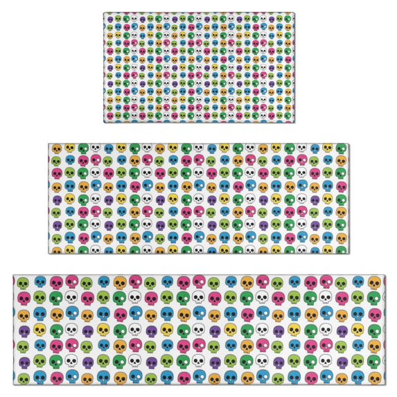 Colorful Skull Pattern Kitchen Rugs Sets Of 3,Kitchen Runner Rugs Non Skid Washable,Decorative Kitchen Floor Mats for Kitchen,Sink,Laundry,17"x30"+ 17"x47" + 17"x59"