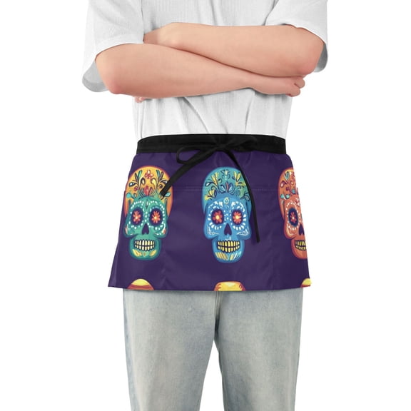 Colorful Skulls Mardi-gras Short Server Apron with 3 Pockets for Unisex Chef Gardening