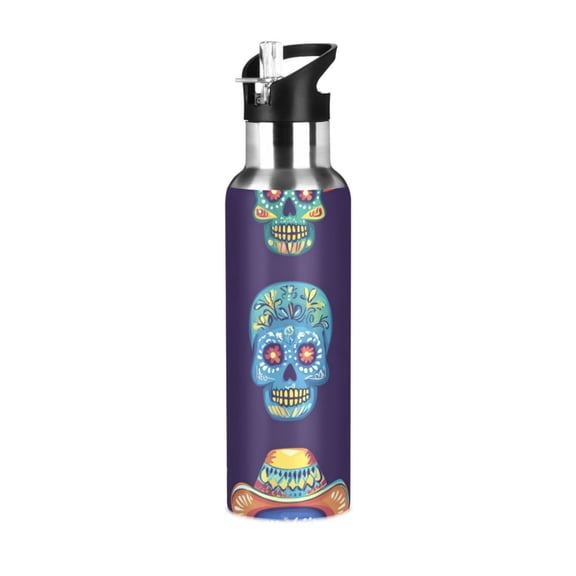 Colorful Skulls Mardi-gras Sports Bottle with Straw Stainless Steel Water Jug Portable Thermal Cup Leak-proof 600ML
