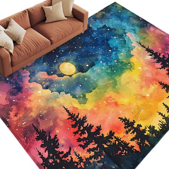 Colorful Sky Area Rug 5x7 Washable Rug Non Slip Starry Galaxy Full Moon Pine Forest Large Area Rug Soft Stainresistant Indoor Floor Carpet for Living Room Bedroom Home Office Dining Room Nursery