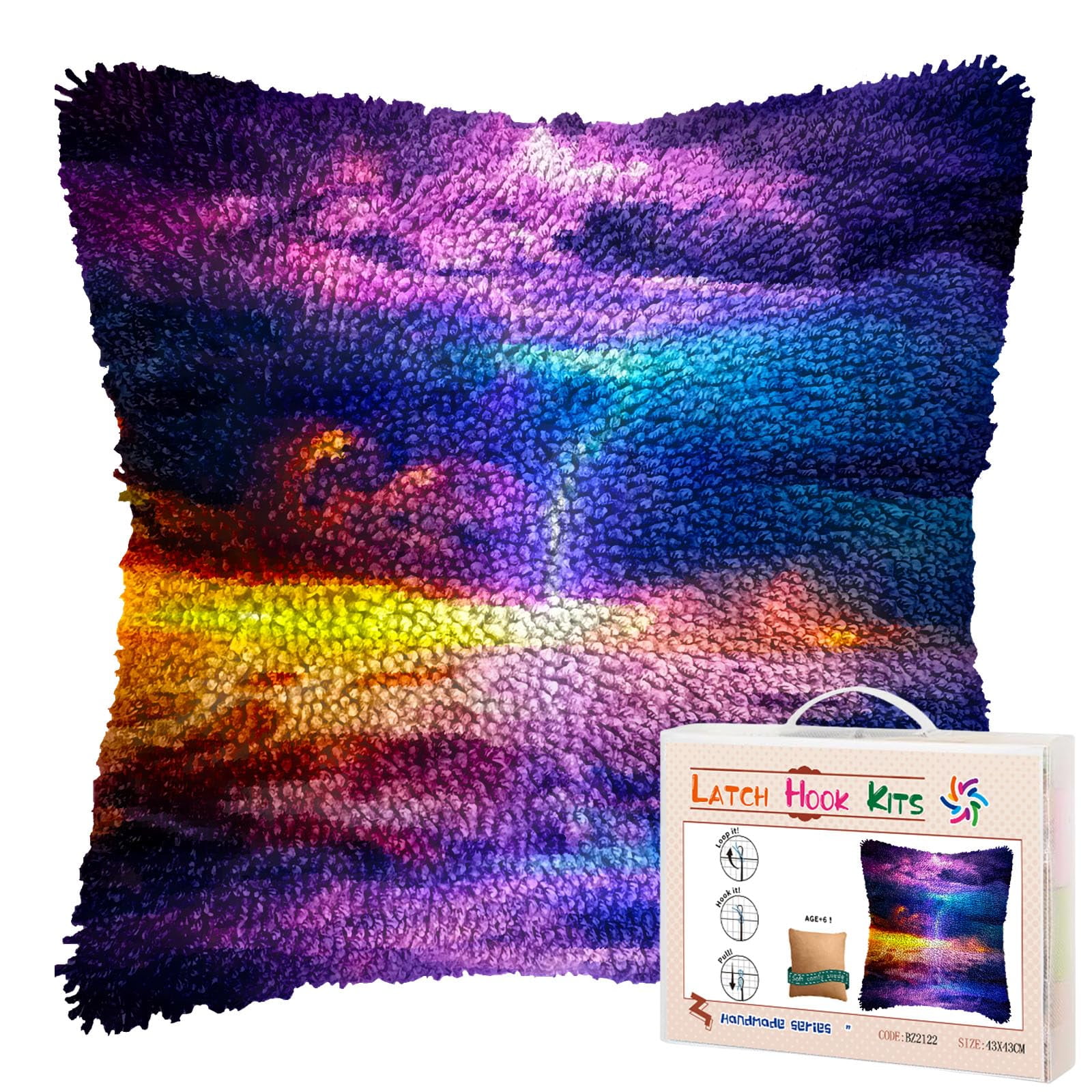 Colorful Sky Clouds Lightning DIY Latch Hook Pillow Kits for Adults Printed Pillowcase Crochet Yarns Hooking Handmade Pillow Cover Cushion for Home Sofa Decoration 17x17inch