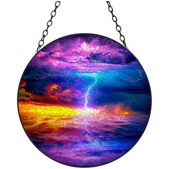 Colorful Sky Clouds Lightning Stained Glass Suncatcher Handmade Window Hanging Colored Glass Suncatcher Crafts Kits for Indoor Garden Decor Memorial Gift 16x16cm