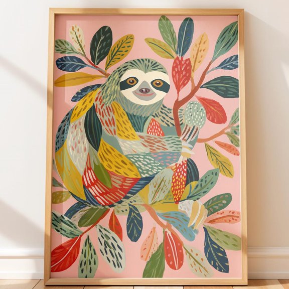 Colorful Sloth Print, Folk Boho Wildlife Art