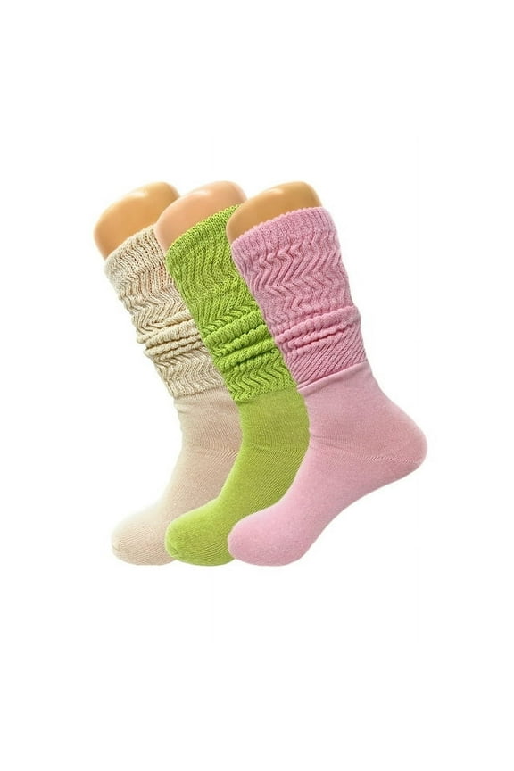 Colorful Slouch Socks 3 Pairs Scrunch Knee Socks Shoe Size 5-10 (Ecru - Lemon Green - Pink)