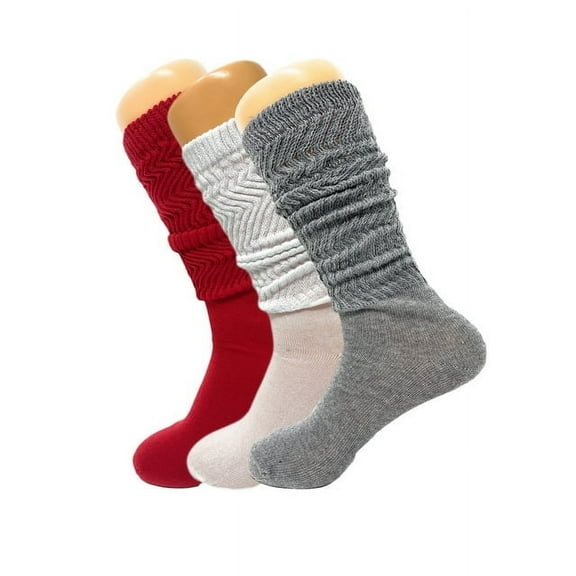 Colorful Slouch Socks 3 Pairs Scrunch Knee Socks Shoe Size 5-10 (Red - White - Gray)