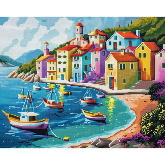 Colorful Small Fishing Village Building DIY 11CT Stamped Cross Stitch Kits for Beginners Easy Needlepoint Embroidery Counted Cross Stitch Art Craft for Wall Decoration 12x16inch(3)