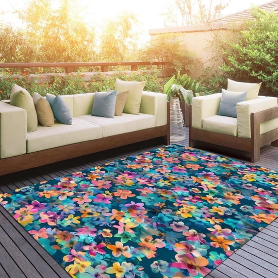 Colorful Small Floral Patterns Waterproof Outdoor Area Rug For Porch Patio RV Garden Pool Washable Non Skid Outside Carpet In Balcony Front Yard Camping Vibrant Flower Print Rugs 5x6ft