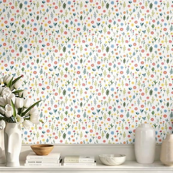 Colorful Small Floral Wildflower Pattern Peel and Stick Wallpaper, Boho Minimalist Aesthetic Wall Art, Wall Decor, Art Print, Exquisite Wall Decoration for Bedroom Living Room Dorm Room Home Decor