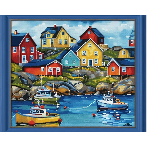 Colorful Small Port Town House Fish Boat DIY 11CT Stamped Cross Stitch Kits for Beginners Easy Needlepoint Embroidery Counted Cross Stitch Art Craft for Wall Decoration 12x16inch(2)