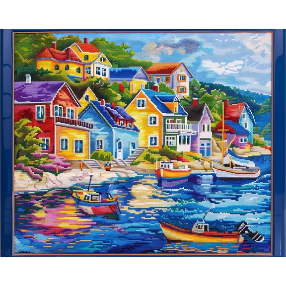Colorful Small Port Town House Fish Boat DIY 11CT Stamped Cross Stitch Kits for Beginners Easy Needlepoint Embroidery Counted Cross Stitch Art Craft for Wall Decoration 12x16inch(4)