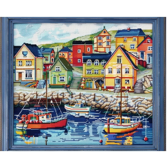 Colorful Small Port Town House Fish Boat DIY 11CT Stamped Cross Stitch Kits for Beginners Easy Needlepoint Embroidery Counted Cross Stitch Art Craft for Wall Decoration 12x16inch(1)