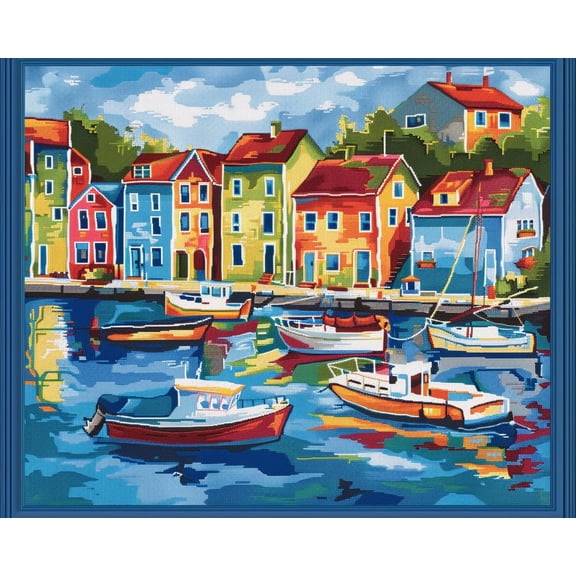 Colorful Small Port Town House Fish Boat DIY 11CT Stamped Cross Stitch Kits for Beginners Easy Needlepoint Embroidery Counted Cross Stitch Art Craft for Wall Decoration 12x16inch(3)
