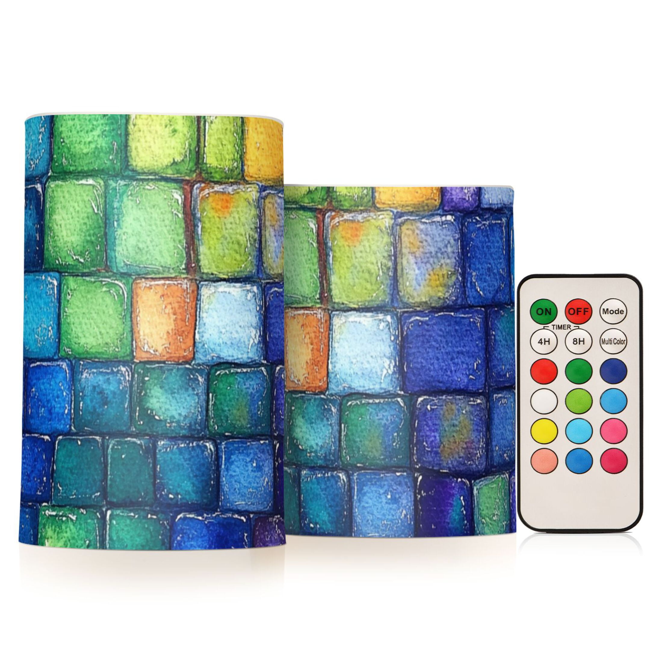 Colorful Small Square Flickering Flameless Candles Battery Operated with Remote Timer LED Pillar Candles Set of 2