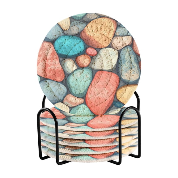 Colorful Small Stones Coasters with Holder for Coffee Table 6 Pcs Drink Coaster Sets Absorbent for Home Decor 4 inch
