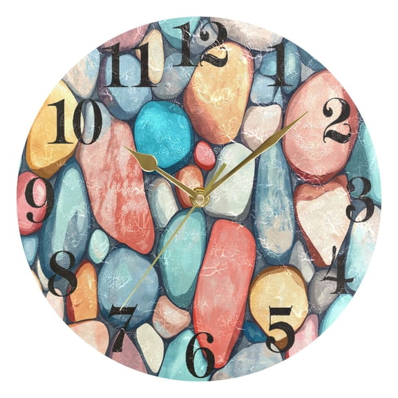 Colorful Small Stones Round Wall Clock Battery Operated Silent Non-Ticking Bedroom Office Kitchen Home School Decor 10"(Gold)