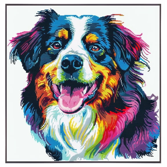 Colorful Smile Border Collie DIY 11CT Stamped Cross Stitch Kits for Beginners Easy Needlepoint Embroidery Counted Cross Stitch Art Craft for Wall Decoration 20x20inch(2)