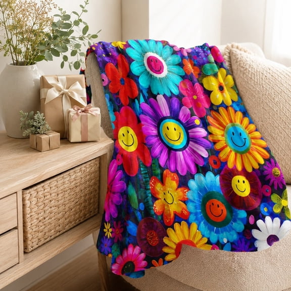Colorful Smiley Flower Fleece Blanket, 280 GSM Polyester Throw