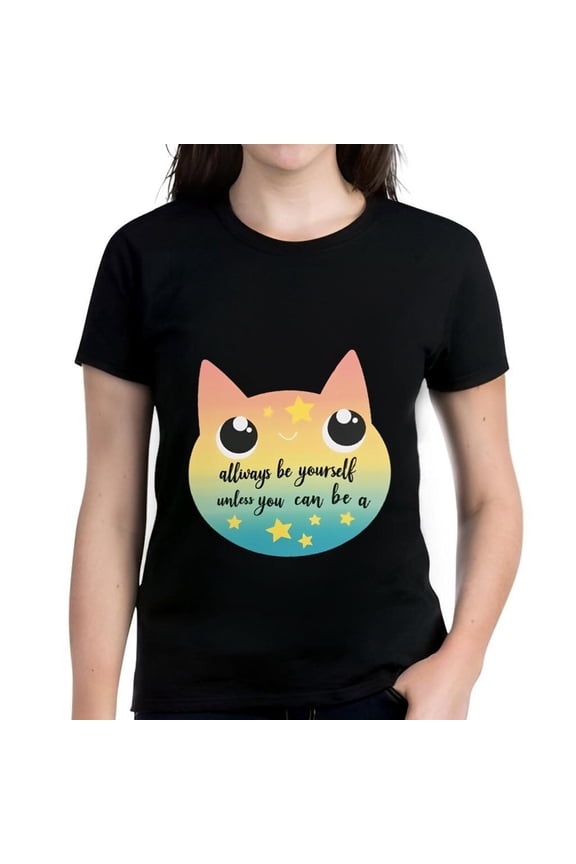 Colorful Smiling Cat Design Cotton Short Sleeve T-Shirt with Motivational Phrase - Be Yourself