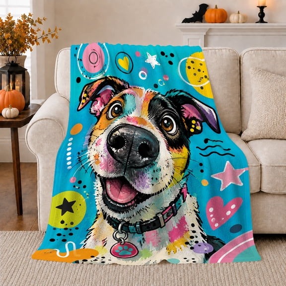Colorful Smiling Dog with Hearts Stars and Dots, Playful Pop Art Pet Motif for Dog Lovers, Birthday Gift, Cozy Flannel Blanket for Playroom and Bedroom, Fun Home Decor