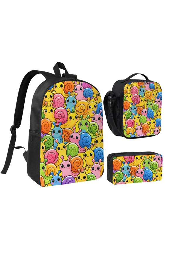 Colorful Snail Backpack Set 3pc Including Backpack, Lunch Bag and Pen Bag Combination