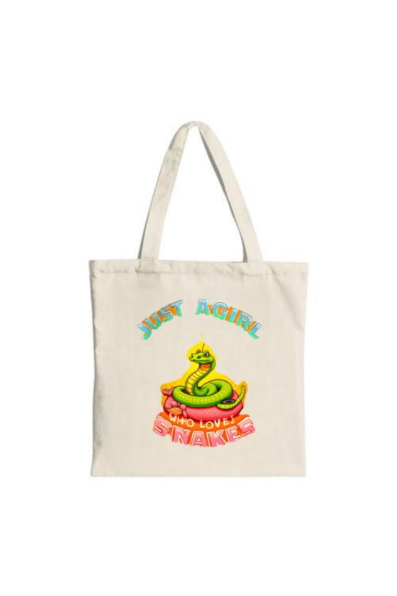Colorful Snake Coiled Tote Bag - " JUST A " & " Who Loves Snakes " Text - Fun Canvas Bag for Shopping Travel & Parties