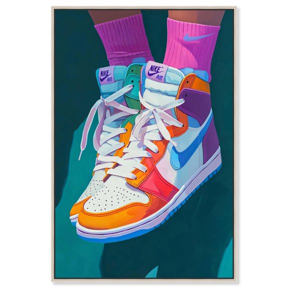 Colorful Sneaker Jump Canvas Sneakerhead Posters by Art Remedy, Silver Frame, 36 x 54