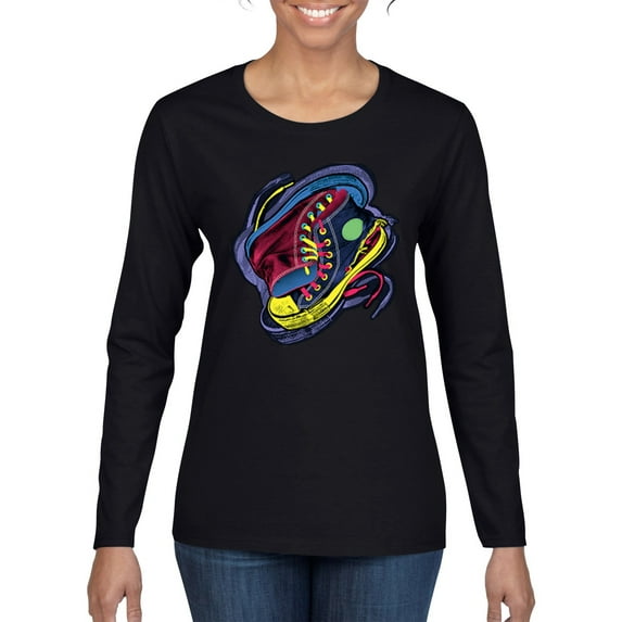 Colorful Sneakers Chucks Streetwear Womens Graphic Long Sleeve T-Shirt, Black, 2XL