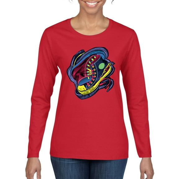 Colorful Sneakers Chucks Streetwear Womens Graphic Long Sleeve T-Shirt, Red, Small
