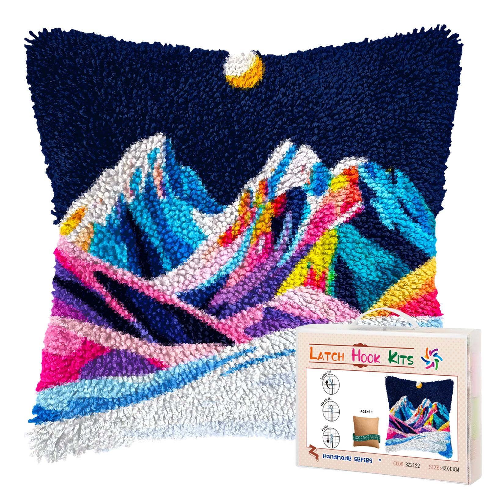 Colorful Snow Mountain Moon DIY Latch Hook Pillow Kits for Adults Printed Pillowcase Crochet Yarns Hooking Handmade Pillow Cover Cushion for Home Sofa Decoration 17x17inch