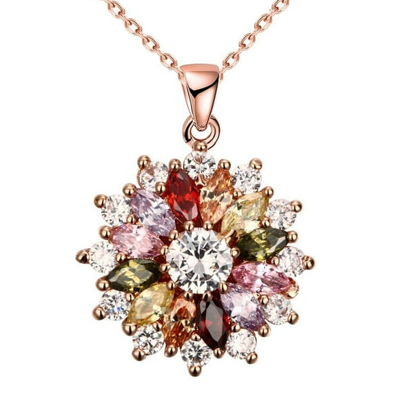 Colorful Snowflake Pendant Necklace, Rose Gold Plated Multi Gemstone Necklaces Marquise Cubic Zirconia Necklace for Women, 18+2 inch