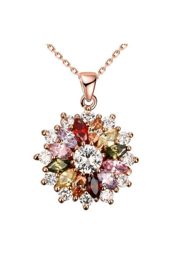 Colorful Snowflake Pendant Necklace, Rose Gold Plated Multi Gemstone Necklaces Marquise Cubic Zirconia Necklace for Women, 18+2 inch