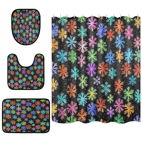 Colorful Snowflakes Bathroom Accessory Curtain Sets Bath Curtain Anti-Slip Mats and Toilet Pad 66x72in