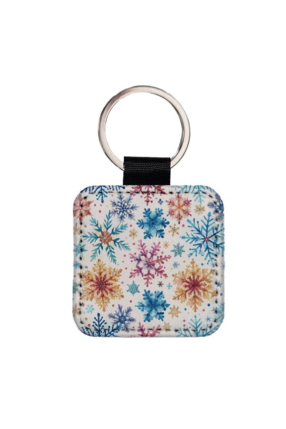 Colorful Snowflakes Winter Faux Leather Square Keychain