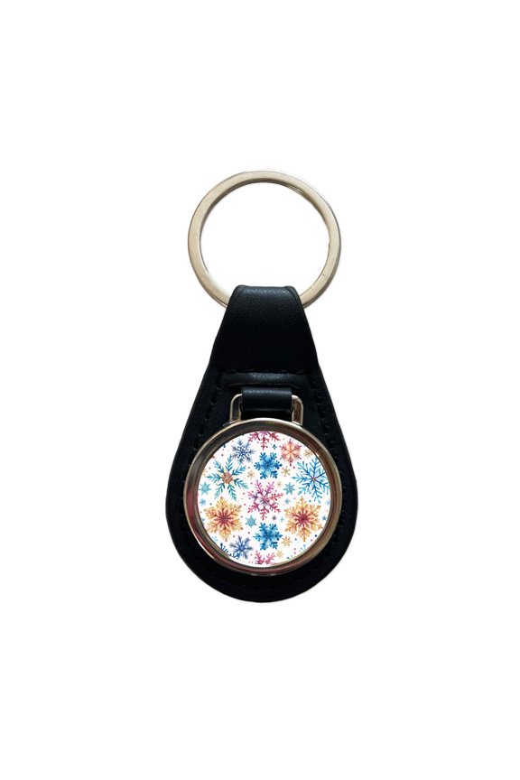 Colorful Snowflakes Winter Metal Black Leather Keychain