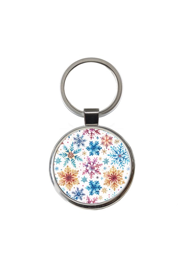 Colorful Snowflakes Winter Metal Round Keychain