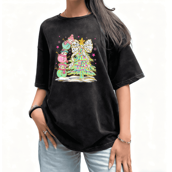Colorful Snowman Christmas Tree Print Tshirt Black Holiday Graphic Tees Shirts S-2XL Cute Tops