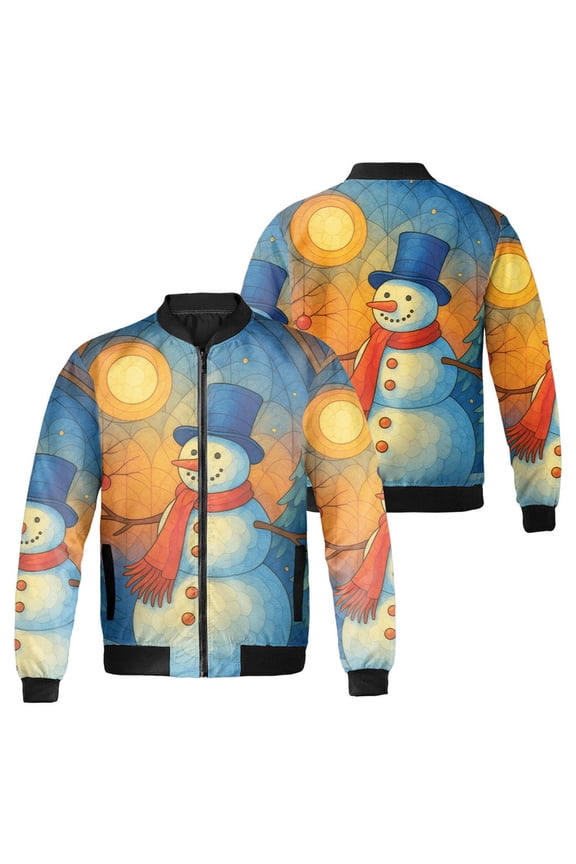 Colorful Snowman Stained Glass Christmas Bomber Jacket - Winter Holiday Graphic Outerwear, Festive and Colorful Snowman, Merry Xmas Gift Jacket