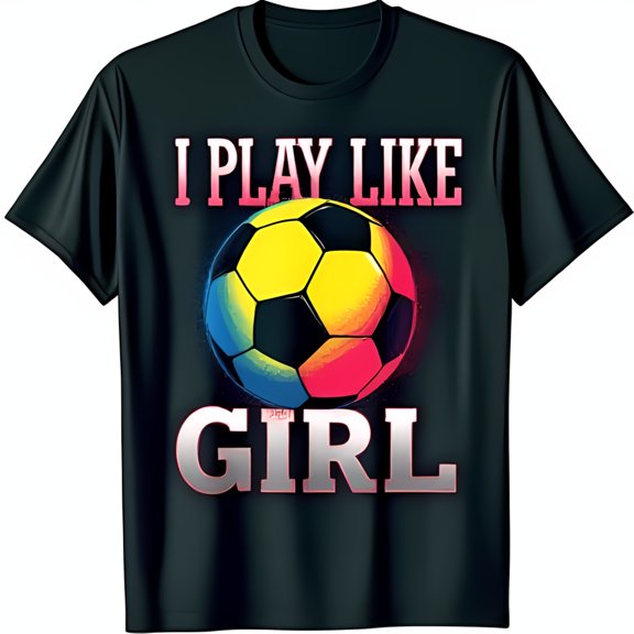 Colorful Soccer Ball Graphic Black T-Shirt I Play Like Girl Design