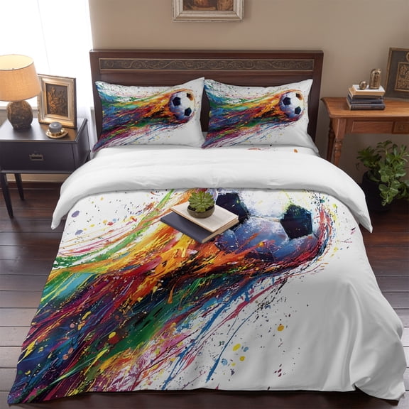 Colorful Soccer Ball Queen Size Bed Set,Rainbow Splash Football Bedding for All Seasons,4 Pcs Bed Set,1 Quiltcover (90"x90"),1 Sheet (90"x102"),2 Pillowcases (20"x30")