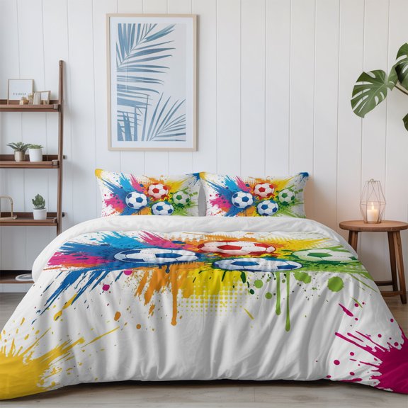 Colorful Soccer Balls California King Size Bed Set,Rainbow Paint Splatter Footballs Bedding for All Seasons,4 Pcs Bed Set with 1 Quiltcover (96"x104"),1 Sheet (110"x98"),2 Pillowcases (20"x36")