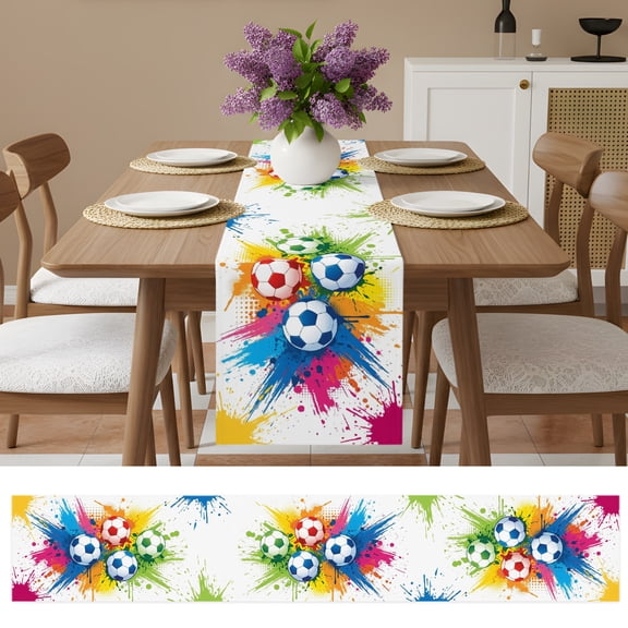 Colorful Soccer Balls Table Runner 13x60in Non-Slip Cotton Linen Table Runners, Rainbow Paint Splatter Footballs Dresser Scarves TableRunner for Dinner Kitchen Dining Wedding Party