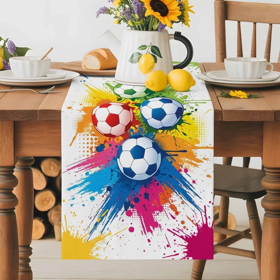 Colorful Soccer Balls Table Runner 72 Inches Long, Rainbow Paint Splatter Footballs Table Runners Tabletop Scarf Kitchen Dining Tables Decoration for Home Party Indoor Outdoor