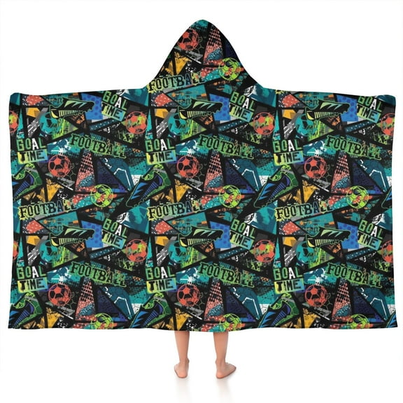 Colorful Soccer Elements Pattern Hooded Bath Towel，50"x30" for Ages 3 To 12 Kids, Quick Dry Lightweight Soft Microfiber Hood Beach Towel Cover Up for Kids