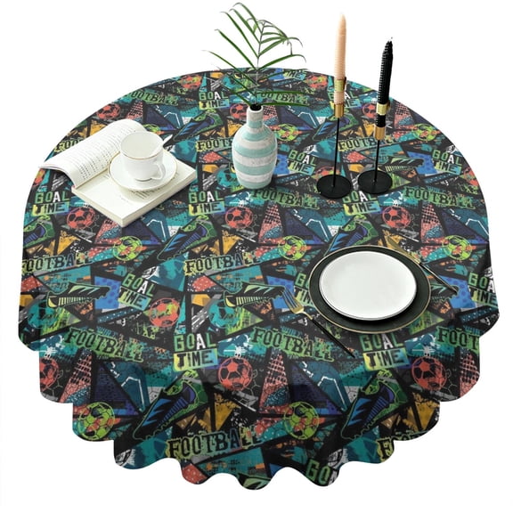 Colorful Soccer Elements Pattern Round Tablecloth 60"x60",Wrinkle Wipeable Table Cloth for Kitchen Dining Room Picnic Patio Party