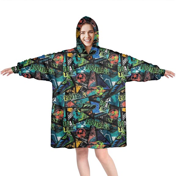Colorful Soccer Elements Pattern Wearable Oversized Blanket,Wearable Blanket Hoodie for Adults,Cozy Hooded Blankets with Super Pockets,Super Warm Fuzzy Pullover for Women & Men