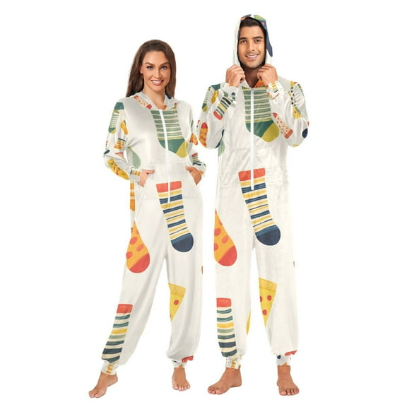 Colorful Socks Adult Onesie Pajamas Slim Fit Christmas One Piece Suit Pjs for Women and Men Hooded Zipper