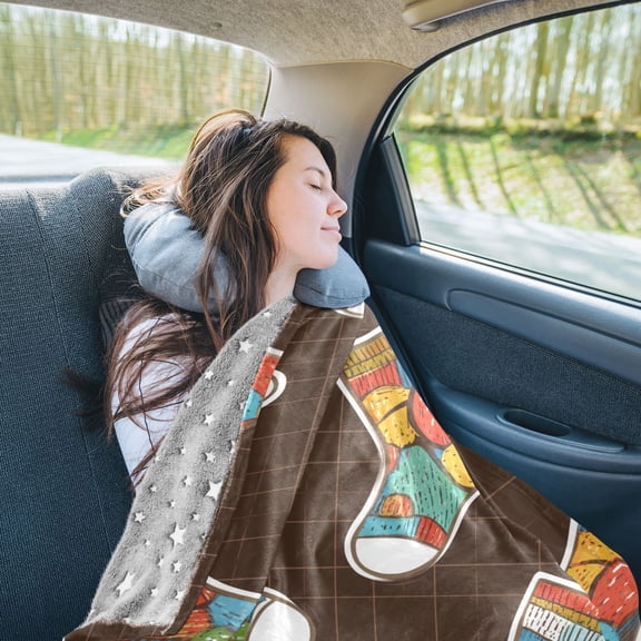 Colorful Socks Travel Blanket Pillow Compact Foldable Airplane Throw Blanket with Trolley Sleeve for Travel Camping